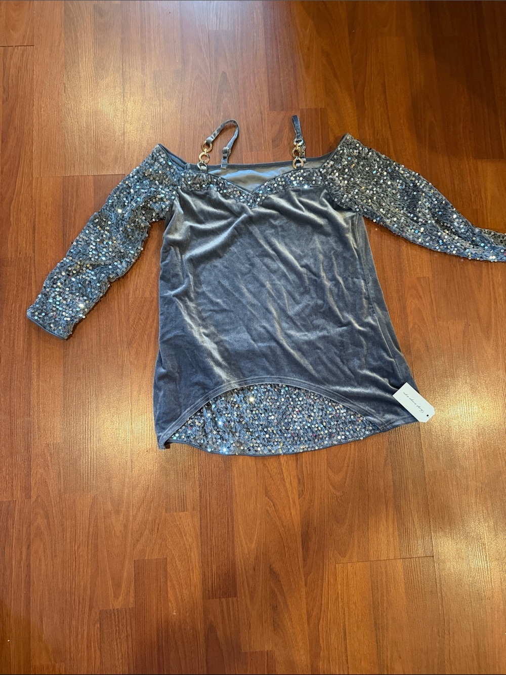 Velvet Sequin Off-Shoulder Top in Steel Blue